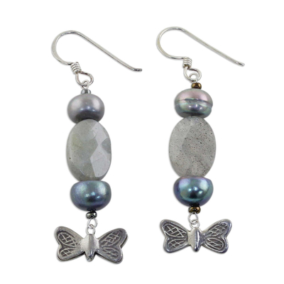 Pearl and labradorite dangle earrings, 'Iridescent Sky' - Pearl and labradorite dangle earrings