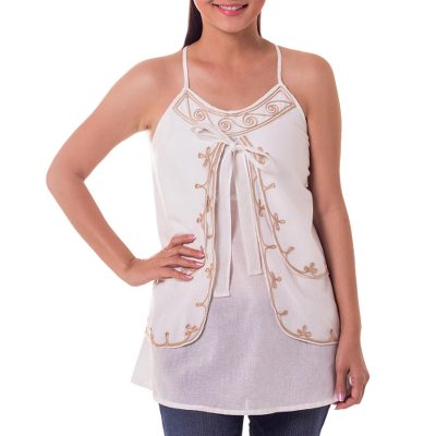 Cotton blouse, 'Waves' - Embroidered Cotton Tank Top