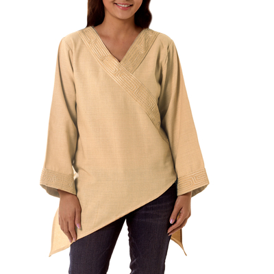 Cotton blouse, 'China Paths in Light Brown' - Cotton Blouse from Thailand