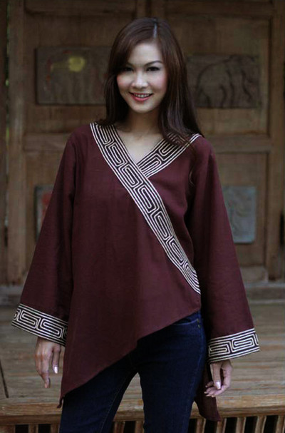 Cotton blouse, 'China Paths in Dark Brown' - Embroidered Cotton Blouse