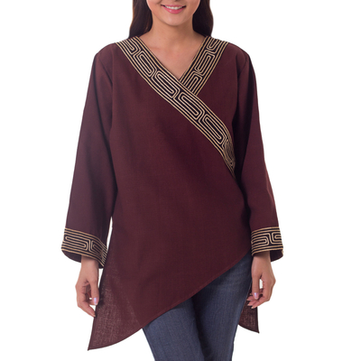 Cotton blouse, 'China Paths in Dark Brown' - Embroidered Cotton Blouse