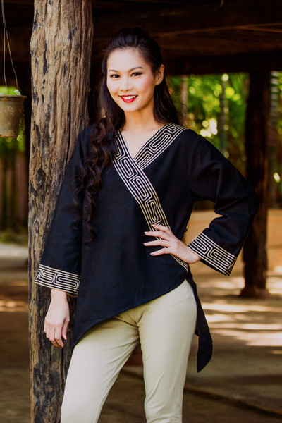 Cotton blouse, 'China Paths in Black' - Women's Cotton Blouse