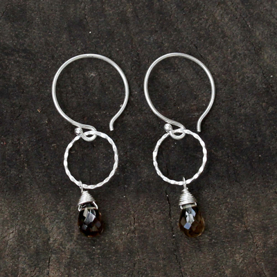 Smoky quartz dangle earrings, 'Mystic Solo' - Handcrafted Sterling Silver and Smoky Quartz Earrings