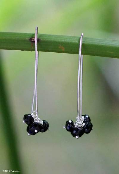 Tourmaline dangle earrings, 'Black Currant Clusters' - Handcrafted Sterling Silver and Tourmaline Dangle Earrings