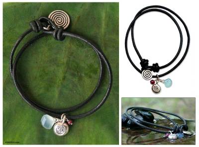 Leather and chalcedony charm bracelet, 'Peace Cycles' - Artisan Crafted Leather Wrap Bracelet
