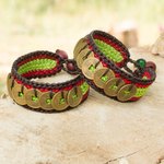 Beaded wristband bracelets, 'Coins of Harmony' (pair) - Hand Crafted Good Fortune Wristband Bracelets (Pair)