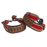Beaded wristband bracelets, 'Coins of Passion' (pair) - Good Fortune Wristband Bracelets (Pair)