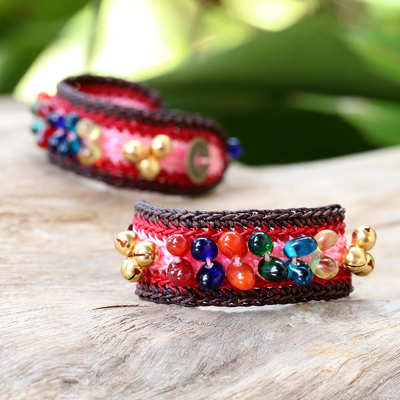 Beaded wristband bracelets, 'Bold Pink Fortunes' (pair) - Beaded Wristband Bracelets (Pair)