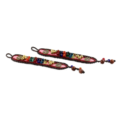 Beaded wristband bracelets, 'Bold Pink Fortunes' (pair) - Beaded Wristband Bracelets (Pair)