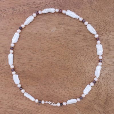Pearl and garnet choker, 'Passion and Purity' - Women's Pearl and Garnet Necklace