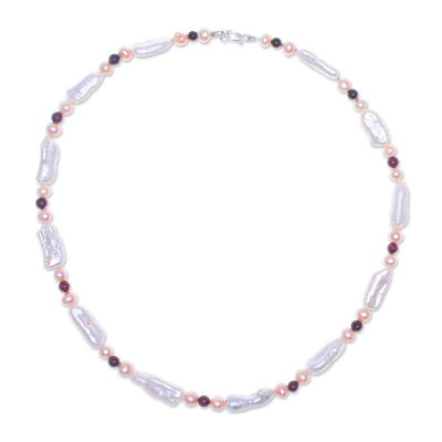 Pearl and garnet choker, 'Passion and Purity' - Women's Pearl and Garnet Necklace