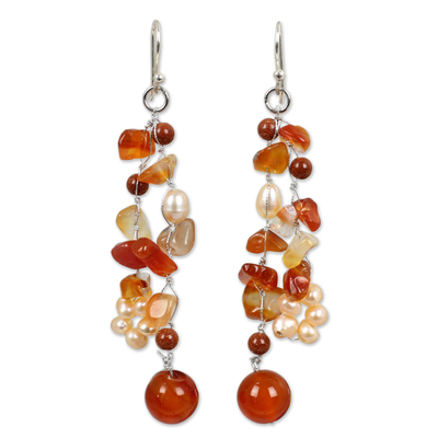 Pearl and carnelian clusters earrings, 'Sun Dancer' - Handmade Carnelian Waterfall Earrings