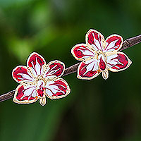 Gold plated natural orchid earrings, 'Timeless Dancer' - Red White and Gold Natural Flower Post Earrings  