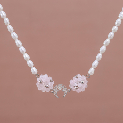 Pearl and rose quartz choker, 'Filigree Moon' - Sterling Silver and Rose Quartz Choker
