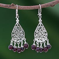 Garnet chandelier earrings, 'Lace Teardrop' - Garnet and Sterling Silver Chandelier Earrings