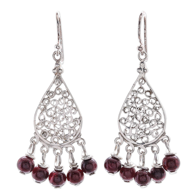 Garnet chandelier earrings, 'Lace Teardrop' - Garnet and Sterling Silver Chandelier Earrings