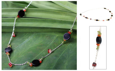 Onyx and peridot long strand necklace, 'Radiant Night' - Onyx and Peridot Station Necklace