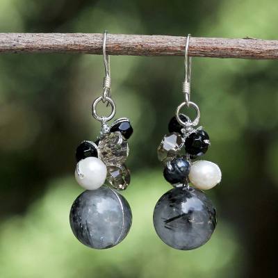 Pearl and tourmalinated quartz cluster earrings, 'Sophisticate' - Handcrafted Pearl and Tourmaline Earrings