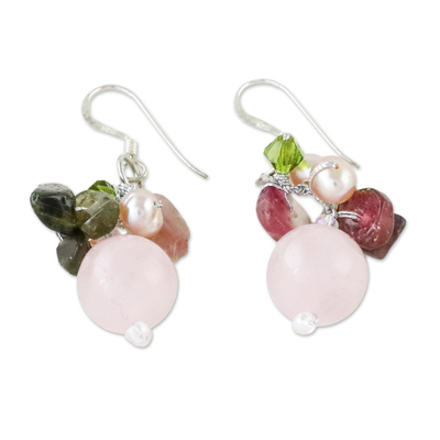 Pearl and rose quartz cluster earrings, 'Petal Romance' - Rose Quartz and Pearl Cluster Earrings