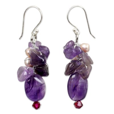 Pearl and amethyst cluster earrings, 'Dream Girl' - Pearl and Amethyst Dangle Earrings
