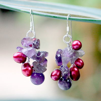 Pearl and amethyst cluster earrings, 'Jungle Orchid' - Fair Trade Amethyst and Pearl Cluster Earrings