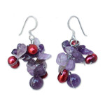 Pearl and amethyst cluster earrings, 'Jungle Orchid' - Fair Trade Amethyst and Pearl Cluster Earrings