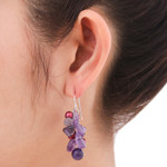 Pearl and amethyst cluster earrings, 'Jungle Orchid' - Fair Trade Amethyst and Pearl Cluster Earrings