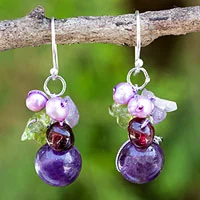 Garnet and amethyst cluster earrings, 'Bright Bouquet' - Handcrafted Amethyst and Pearl Dangle Earrings