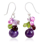 Garnet and amethyst cluster earrings, 'Bright Bouquet' - Handcrafted Amethyst and Pearl Dangle Earrings