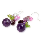 Garnet and amethyst cluster earrings, 'Bright Bouquet' - Handcrafted Amethyst and Pearl Dangle Earrings