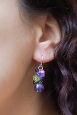 Garnet and amethyst cluster earrings, 'Bright Bouquet' - Handcrafted Amethyst and Pearl Dangle Earrings