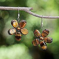 Pearl and tiger's eye flower earrings, 'Tawny Paradise' - Tiger's Eye Earrings from Thailand