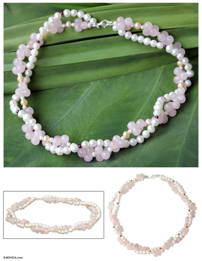 Gargantilla de perlas y cuarzo rosa - Gargantilla de perlas y cuarzo rosa