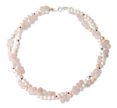 Pearl and rose quartz choker, 'Pink' - Pearl and rose quartz choker
