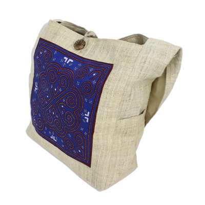 Hemp shoulder bag, 'Sapphire Lotus' - Hemp shoulder bag