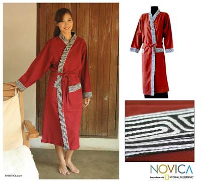 Cotton robe, 'Cherry Tea' - Embroidered Cotton Robe