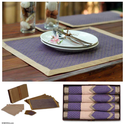 Silk and cotton table linens, 'Golden Amethyst' (set for 4) - Fair Trade Silk Table Linens (Set for 4)
