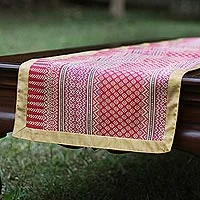 Silk and cotton table runner, 'Rosy Apple' - Silk and cotton table runner