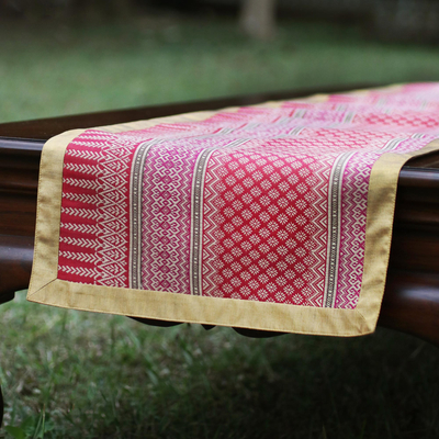 Silk and cotton table runner, 'Rosy Apple' - Silk and cotton table runner