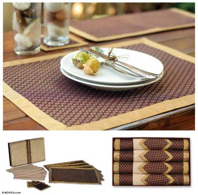 Silk and cotton table linens, 'Golden Blossom' (set for 4) - Silk and cotton table linens (Set for 4)