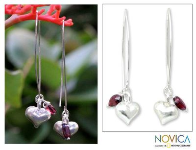 Garnet dangle earrings, 'Impassioned Hearts' - Silver and Garnet Dangle Earrings