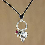 Silver and Leather Pendant Necklace, 'Charms of Love'