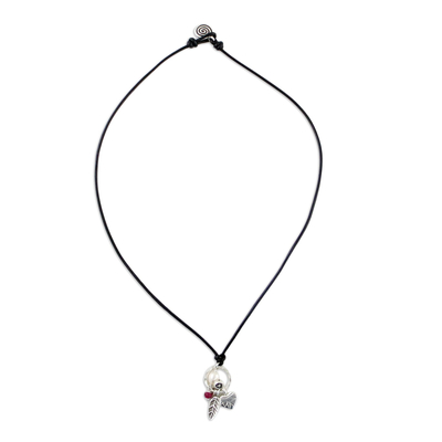 Pearl and leather choker, 'Charms of Love' - Silver and Leather Pendant Necklace