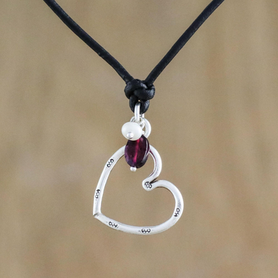 Pearl and leather choker, 'Sweet Love' - Garnet and Silver Heart Pendant Necklace