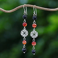 Carnelian and onyx dangle earrings, 'Filigree Day' - Carnelian and Onyx Silver Dangle Earrings