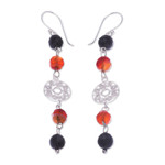 Carnelian and onyx dangle earrings, 'Filigree Day' - Carnelian and Onyx Silver Dangle Earrings