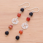 Carnelian and onyx dangle earrings, 'Filigree Day' - Carnelian and Onyx Silver Dangle Earrings