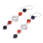 Carnelian and onyx dangle earrings, 'Filigree Day' - Carnelian and Onyx Silver Dangle Earrings