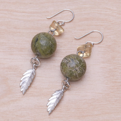Unakite and citrine dangle earrings, 'Cool Forest' - Sterling Silver and Unakite Dangle Earrings