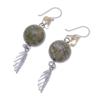Unakite and citrine dangle earrings, 'Cool Forest' - Sterling Silver and Unakite Dangle Earrings